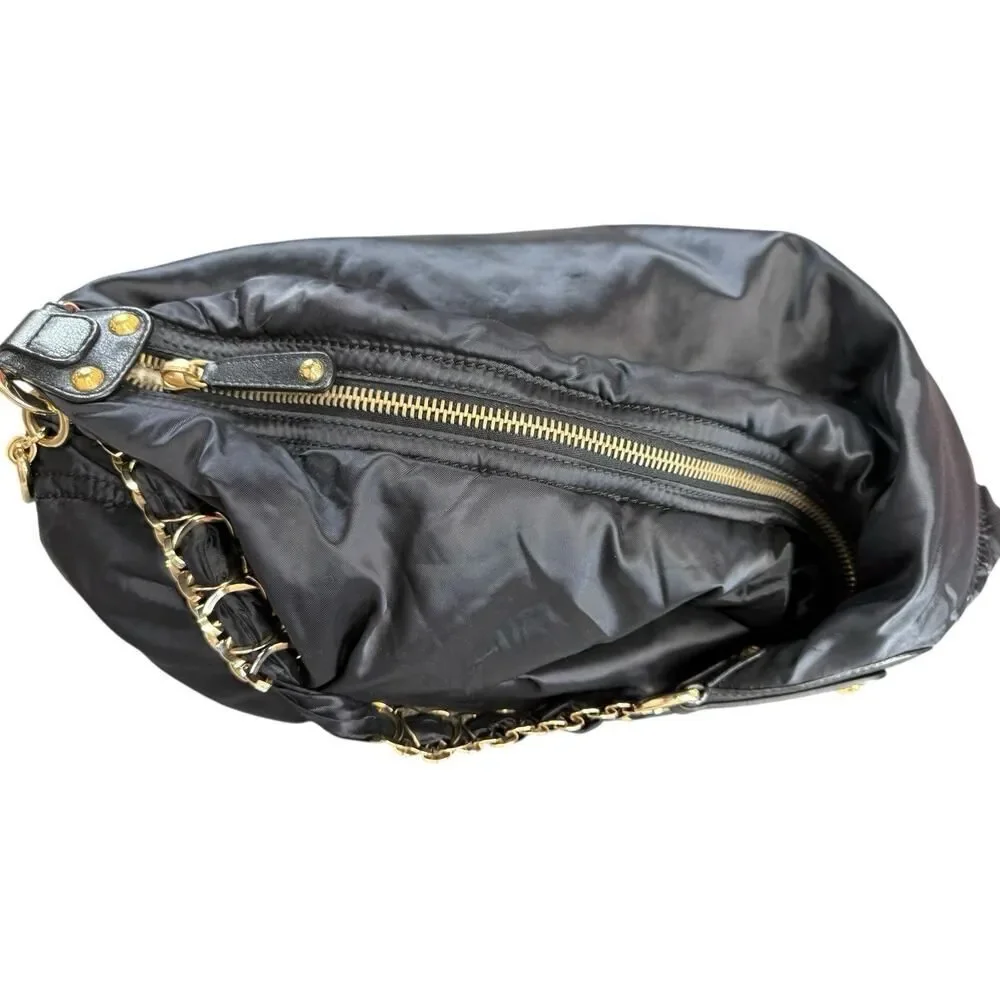 TOD’S Black Hobo Nylon Shoulder Bag w/ Gold Chain Strap & Leather Trim, Italy